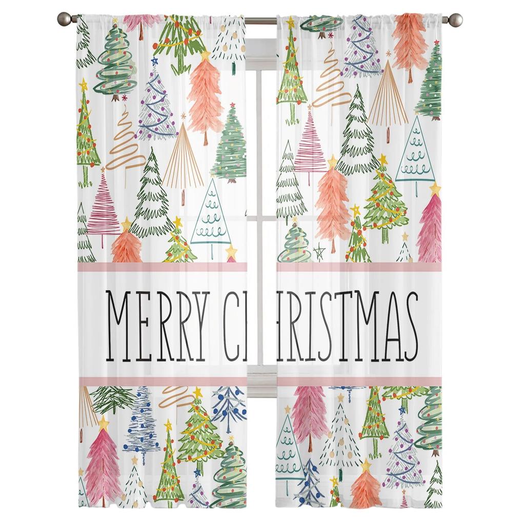 Christmas Christmas Tree Hand Drawn Sheer Curtains For Living Room Bedroom Tulle Curtain For Kitchen Voile Curtain Blind Panels