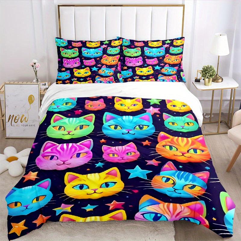 3pcs Colorful Cats Bedding Set, Suitable for Bedroom Decoration, (Includes 1 Duvet Cover And 2 Pillowcases, Quilt Not Included) yy250822117