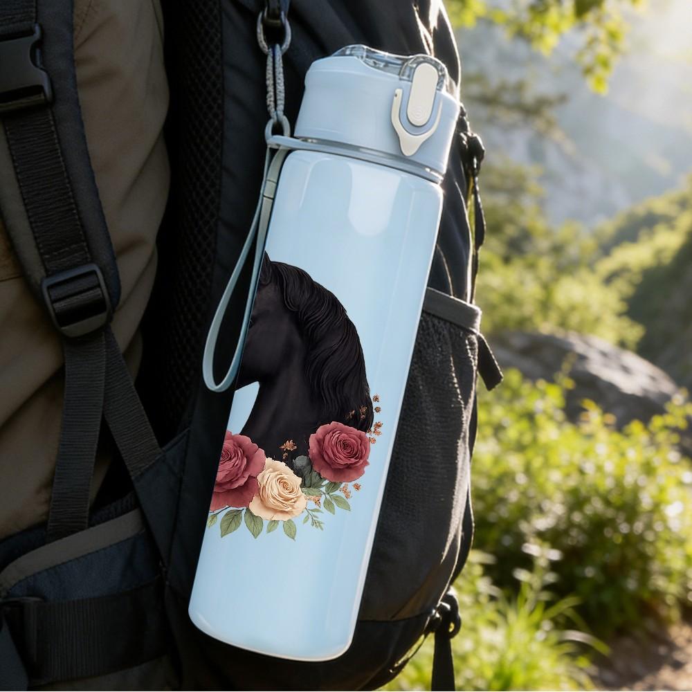 1PC Rose Horseshoe Wreath Pattern 750ml Color Plastic Sports Water Bottle Leakproof Flip Straw Lid Suitable for Sports Office Home Use