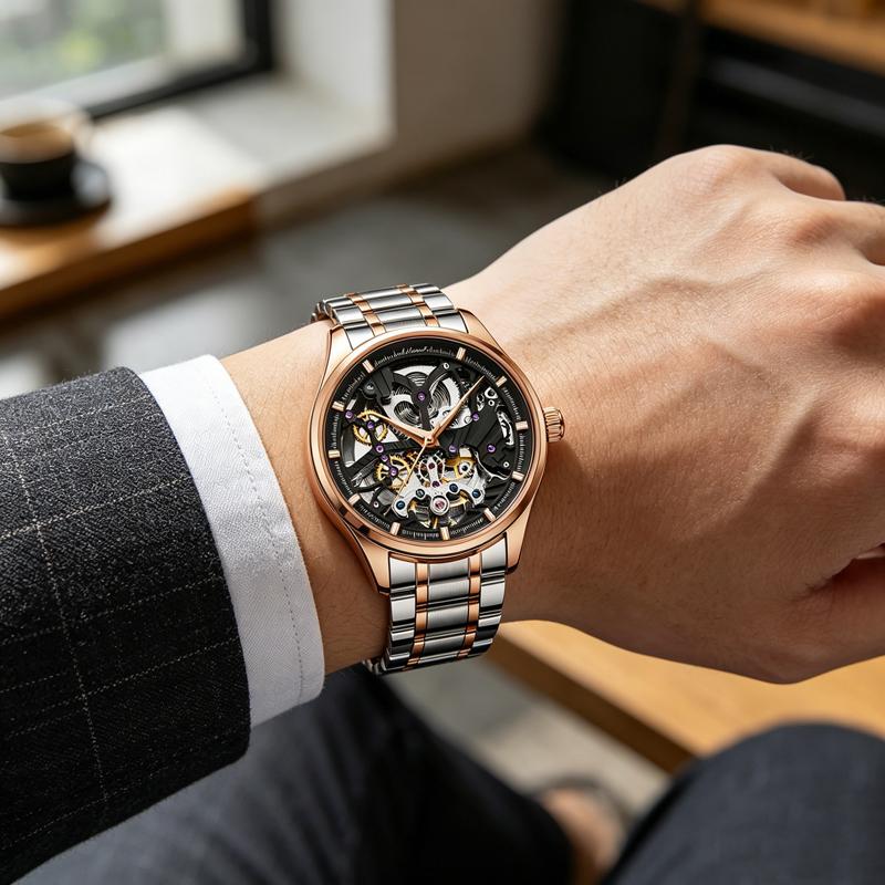 Skeleton Design Watches Rose Gold Case Male Automatic Mechanical Watch Stainless Steel Band Watch Relogio