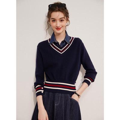 Women's V-Neck Contrast Stripe Knit Short Top