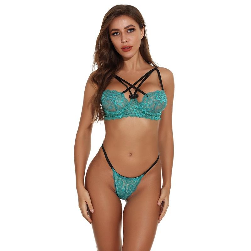 Large Size Blue Lingerie French Lace Bra Set with Steel Rim Sexy Gathering Three-point Bikini