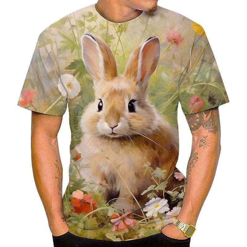 Cute Animal Rabbit Pattern T Shirt For Men Flower 3D Printed Tees Summer Casual Round Neck Tops Unisex T-Shirts Short Sleeves