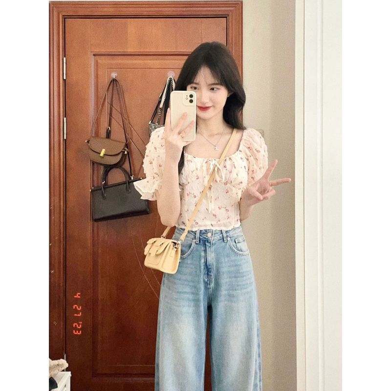 

Square-Neck Cinched Slim Looking French Style Sexy Short Sleeve Shirt Picture color [high quality]] S