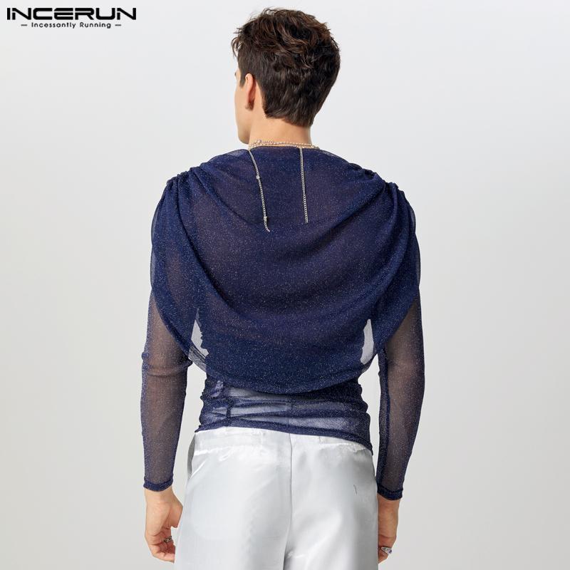 INCERUN Herren Swing Kragen Langarm Rüschen Schichten Glitter Mesh Party Clubwear Tops T-shirts