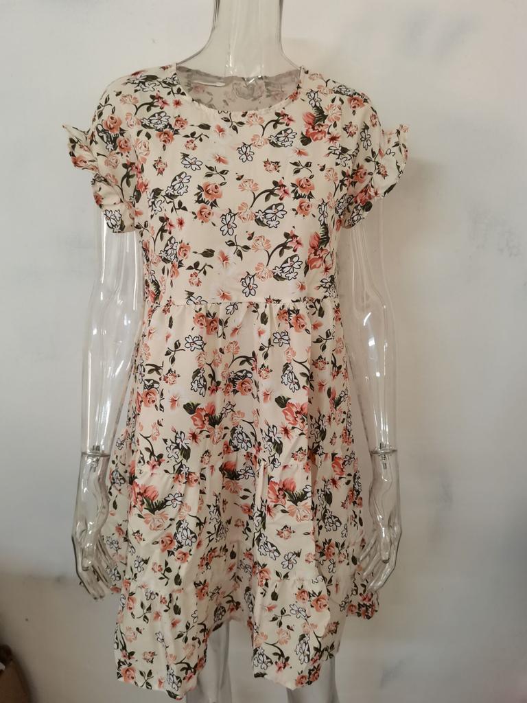 Women's Summer Ruffed Sleeve Small Floral Print  A-line Big Swing Dress