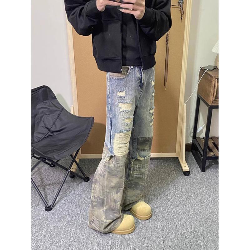 ROADVIBE Amerikanischer Retro Camouflage Patchwork Jeans Herren Zerrissenes Loch Katzenbart Weiter Bein Hosen Streetwear Trendige Gewaschene Denim Hosen