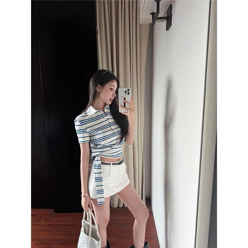 Summer New Striped T-shirt Women's Design Short Slim Waist Short-sleeved POLO Shirt Top