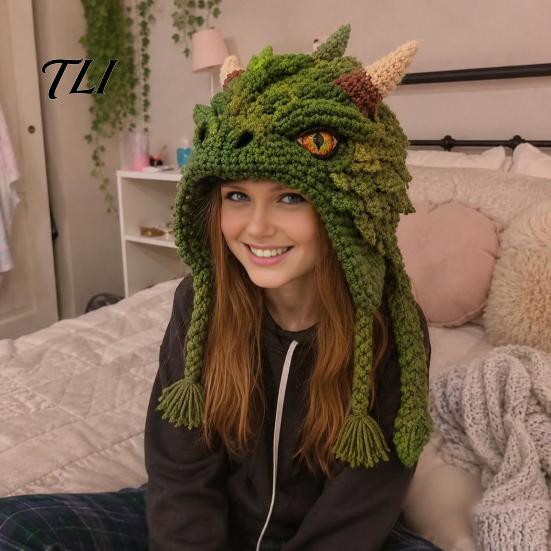 Handmade Fantasy Headwear Hood Crochet Kit, Cute Animal Hat DIY Dragon Unicorn Halloween Cosplay Kit Skull Earflap Craft for Adults, Headgear Novelty