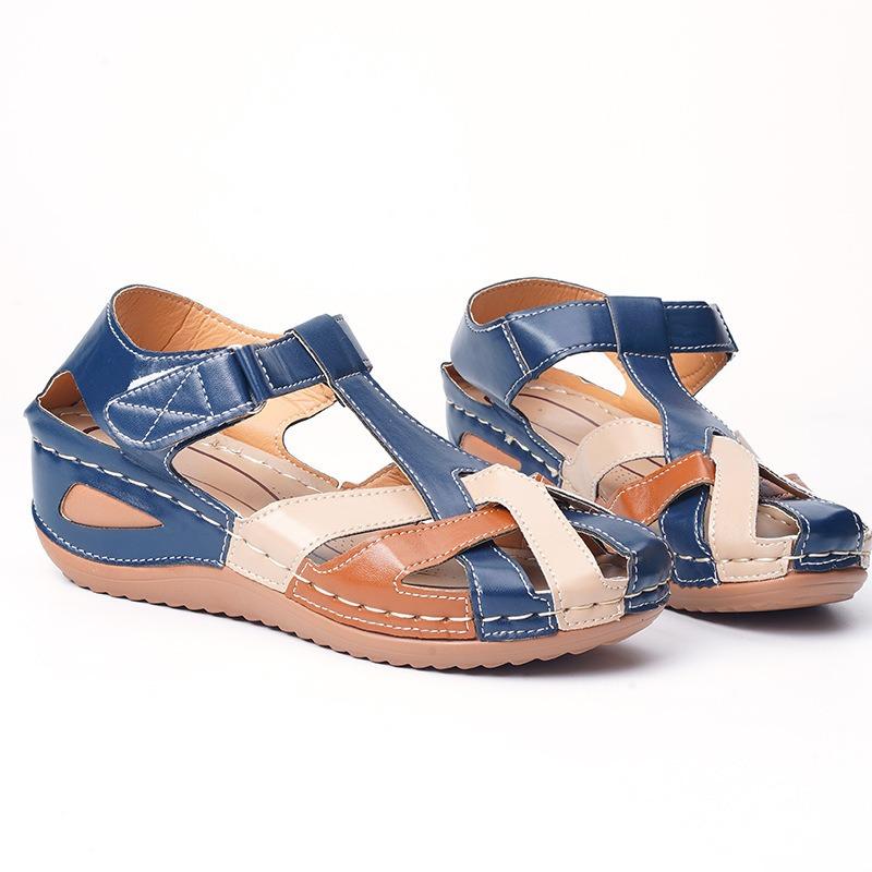 Large size summer new retro round head wedge heel women's shoes cross buckle women's sandals