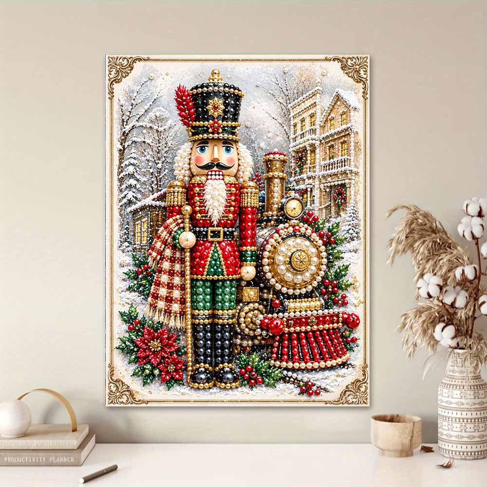 Christmas Nutcracker and Train Pearl Painting with Frame 3D Sparkling Canvas Art Relaxing Craft for Bedroom Wall Decor Holiday Gift