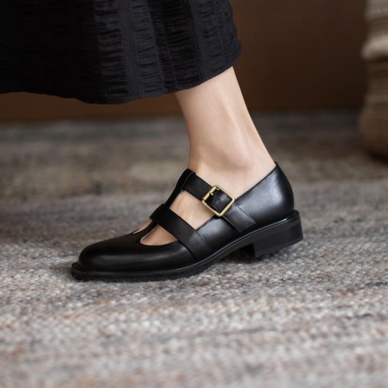 Fashion NEW Spring/Autumn Women Pumps Genuine Leather Shoes for Women Round Toe Low Heel Shoes Buckle Strap Shallow Mary Janes Shoes