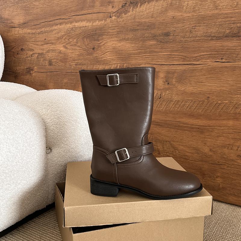 Winter Street Style Gürtelschnalle Damen Ritterstiefel Elegant Niedrig Absatz Schuhe Damen Slipper Mid-Calf Stiefeletten De Muje