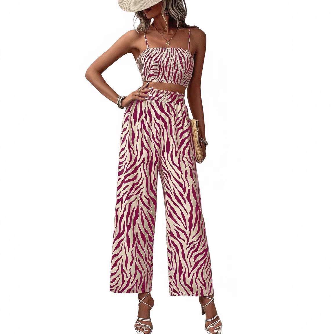 

Zebra Print Women s Two-Piece Set: Spaghetti Strap Tank & Wide-Leg Pants S фуксія