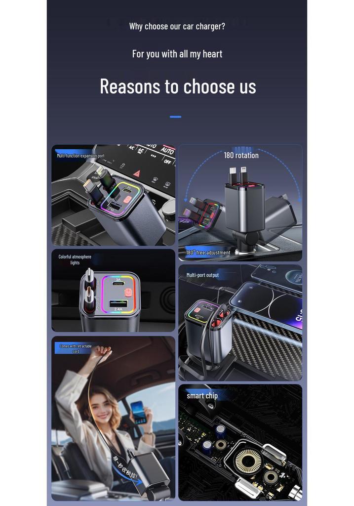 4-in-1 PD30W Car Phone Charger with Charging Cable for Huawei, iPhone 17, and Android Phones