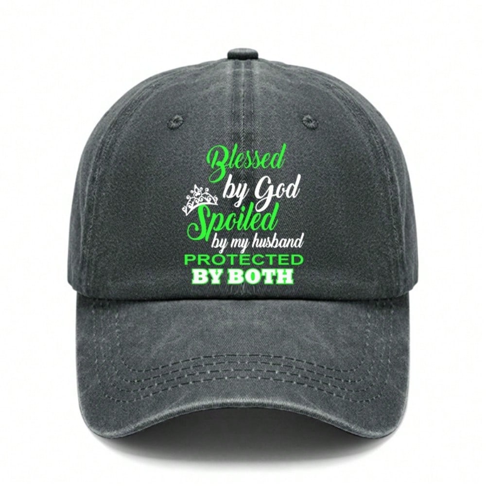 [Religious Baseball Cap] Letter  Blessed By God Spoiled By My Husband PROTECTED BY BOTH  Print Adjustable Breathable Lightweight Women s Casual Daily чёрный
