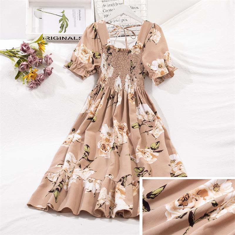 Spring Floral Square Neck Lace Midi Dress with Puff Sleeves
