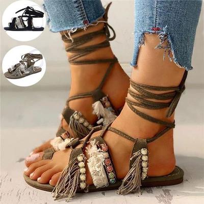 Sandalias de moda para mujer, sandalias planas bohemias con borlas, sandalias de gladiador con atado cruzado, talla grande 35-43