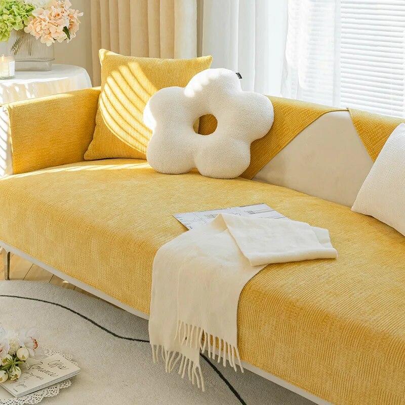 Solid Colour Simple Sofa Cover Soft Skin-Friendly Plaid Four Seasons Universal Living Room Non-Slip Sofa Cover Backrest Armrest
