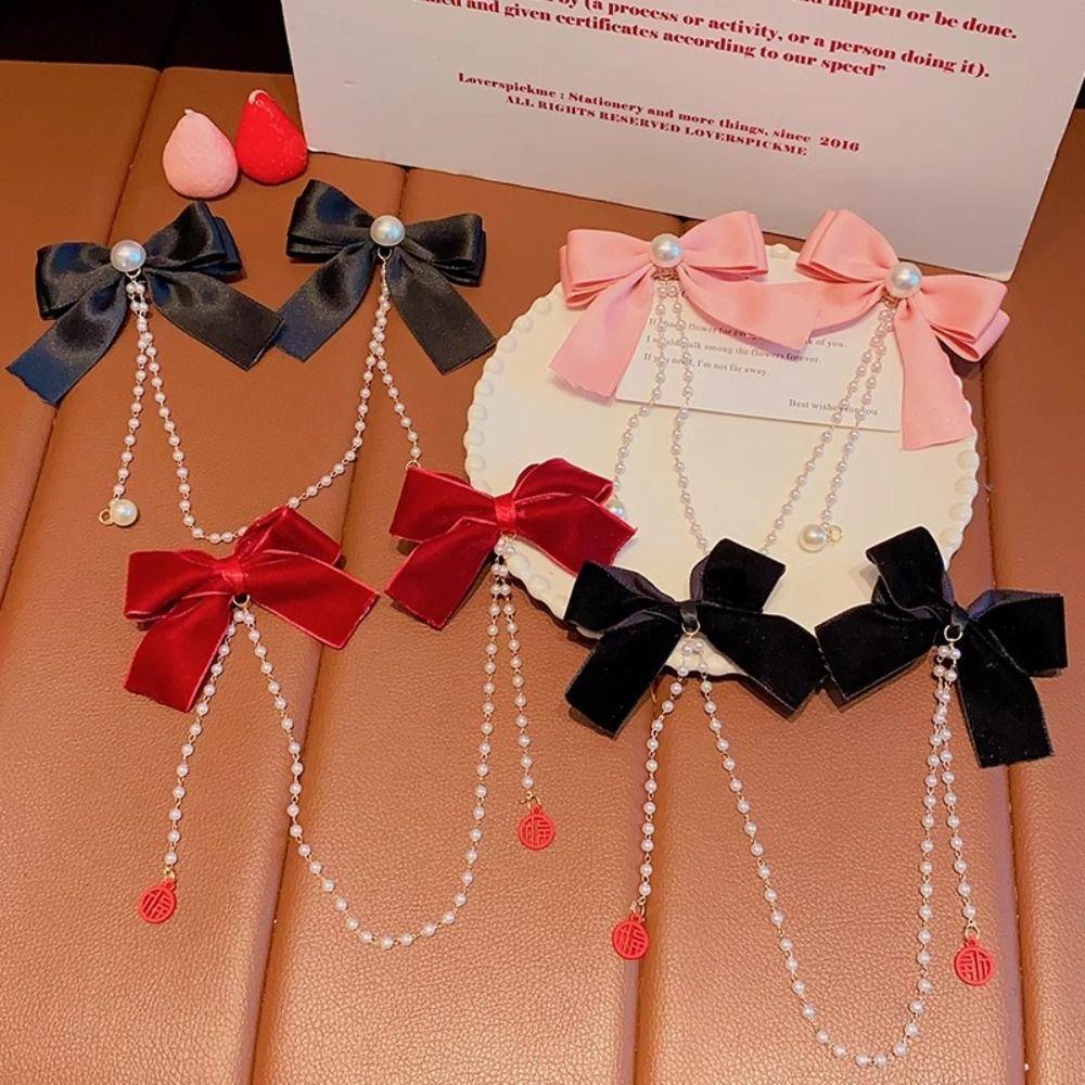 Pearl Chain Bowknot Hair Clip Tassel Ribbon Bow Barrettes Bow Tassel Hairpin  Female/Children