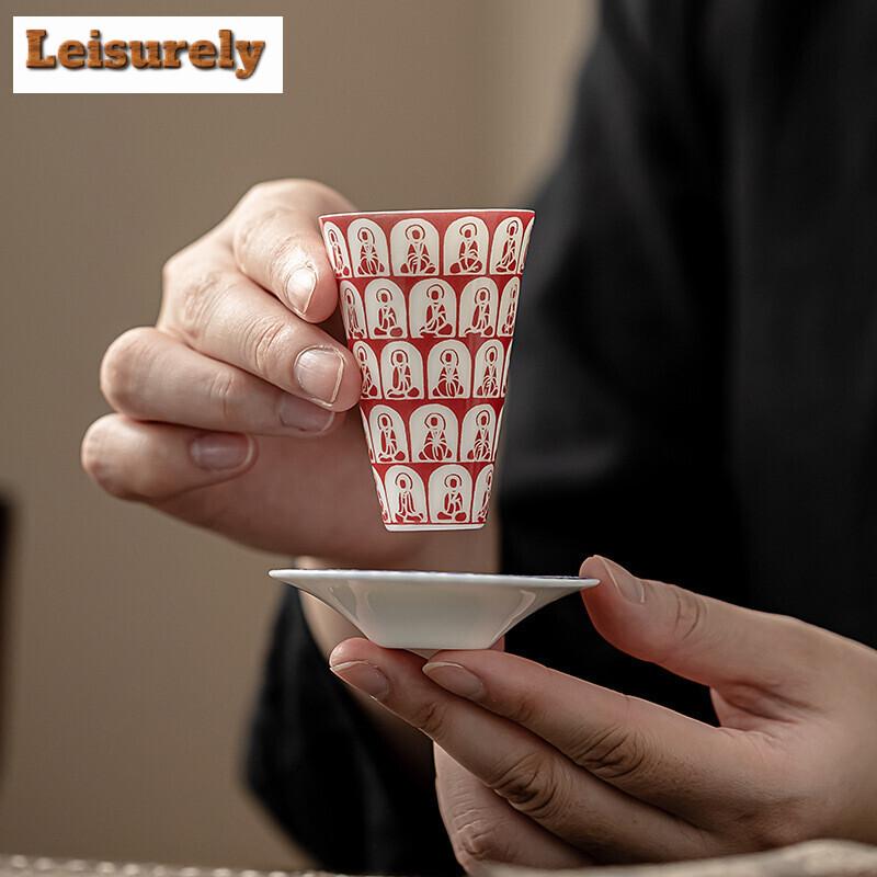 35ML Creative Thousand Buddha Teacup White Porcelain Red Dust Cup Saucer Set Tea Bowl with Holder Kit Personal Chazahan Teaset