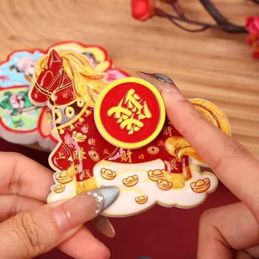 Chinese Style Fridge Magnets Cartoon Horse Year Traditional Refrigerator Magnets 3D Rotating God of Wealth Magnets