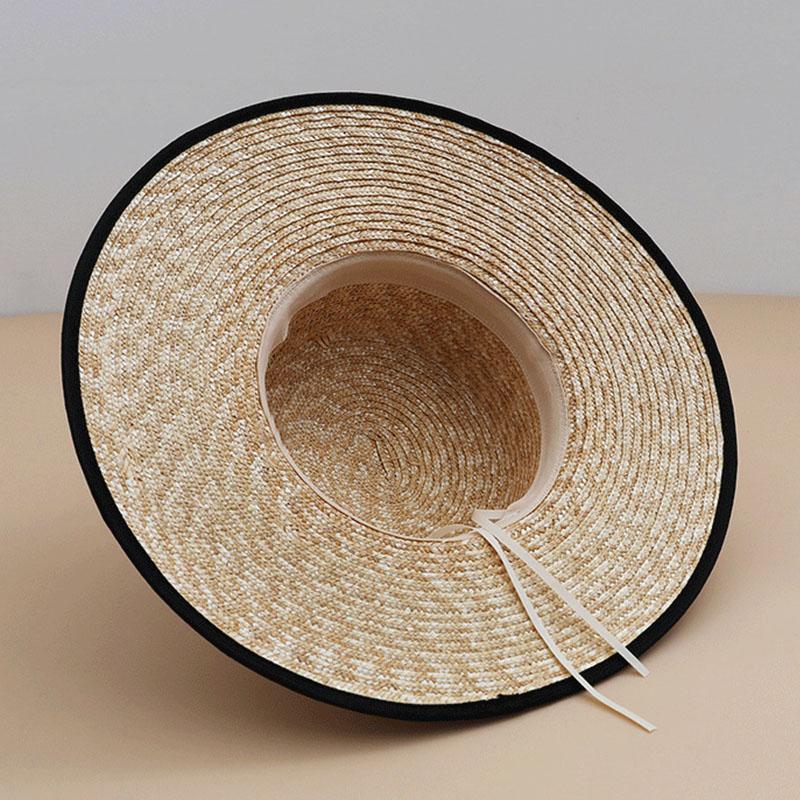 New Trendy Elegant European American Style Straw Hat Wide Brim Sun Hat Woven Edges Flat Top Women Seaside Vacation Party Sun Cap