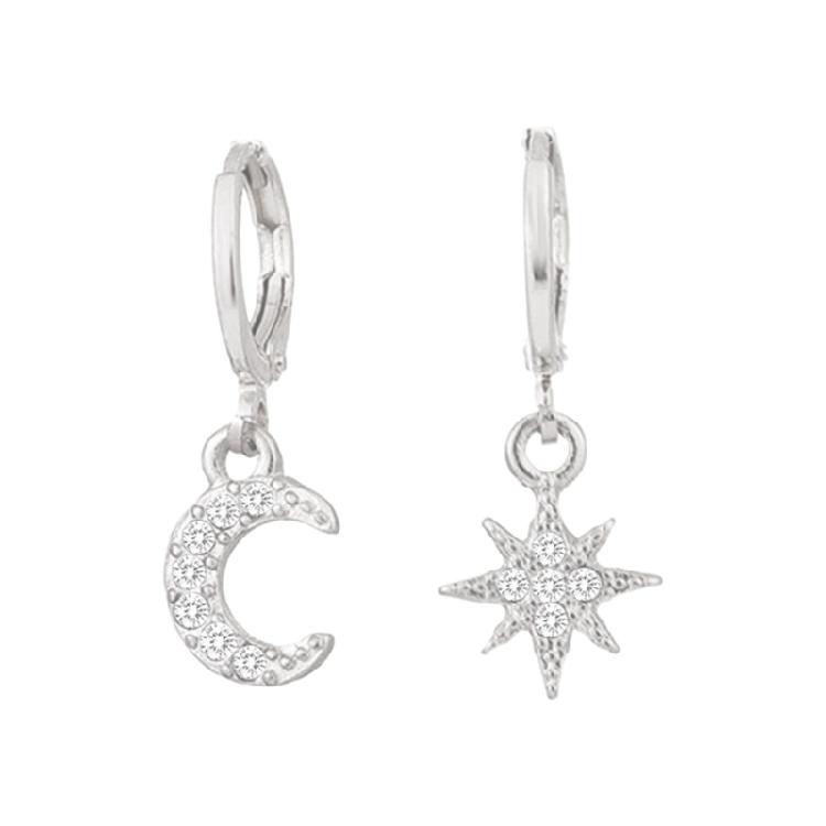 Cubic Zirconia Star Moon Earrings Allergy Proof Asymmetric Hoops Evening Party Jewelry For Women In Three Color Options