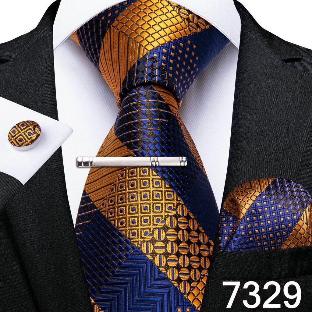 Luxuriöses Paisley-Krawatten-Set für Herren, Seidengewebte Krawatten, Einstecktuch, Manschettenknöpfe, Metall-Silber-Krawattenklammer