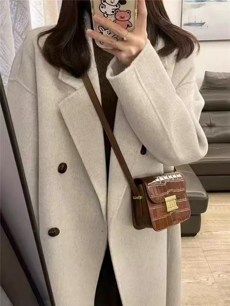 Women's Petite Mid-Length Thickened Black Wool Coat – Versatile, High-End Feel for Autumn & Winter
