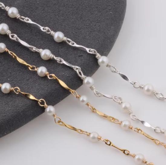 14K Gold Filled Dapped Bar Chain Beaded 3-3.5mm Fresh Water Pearls for DIY Permanent Handmade Necklace Bracelet Jewelry Making