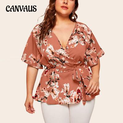 Sommer Damen T-Shirt Plus Size V-Ausschnitt bedruckte Taille Krawatte lose Kurzarm Top