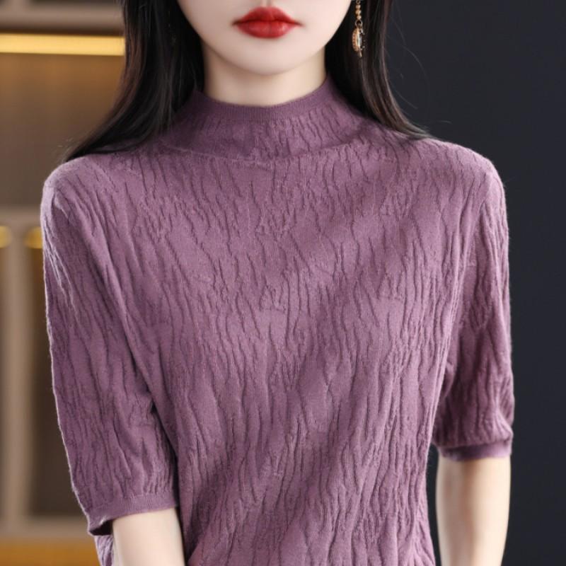 Women's Summer Half-High Neck Knit Top Solid Color Slim-Fit Elegant Blouse