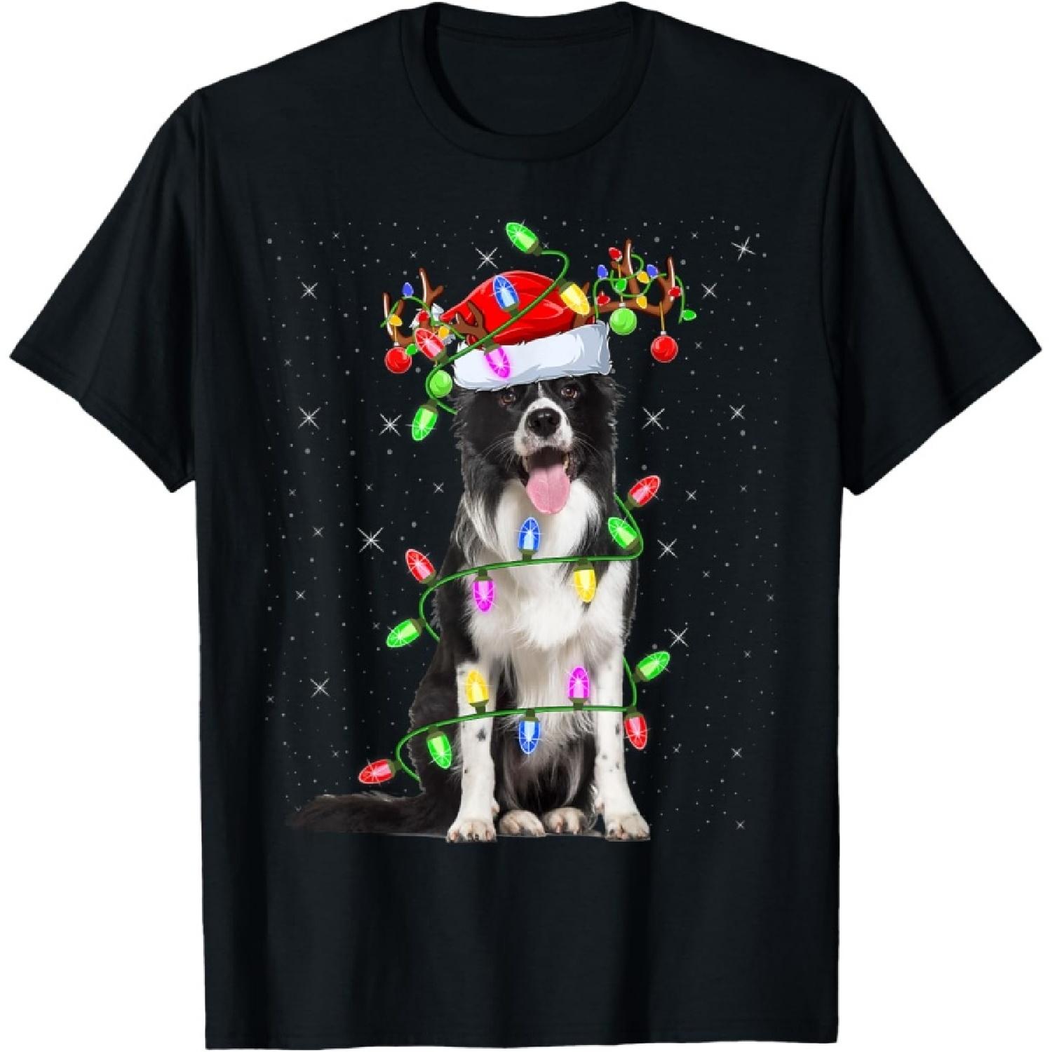 Xmas Holiday Lighting Santa Border Collie Dog Christmas T-Shirt for Men Women Kids S