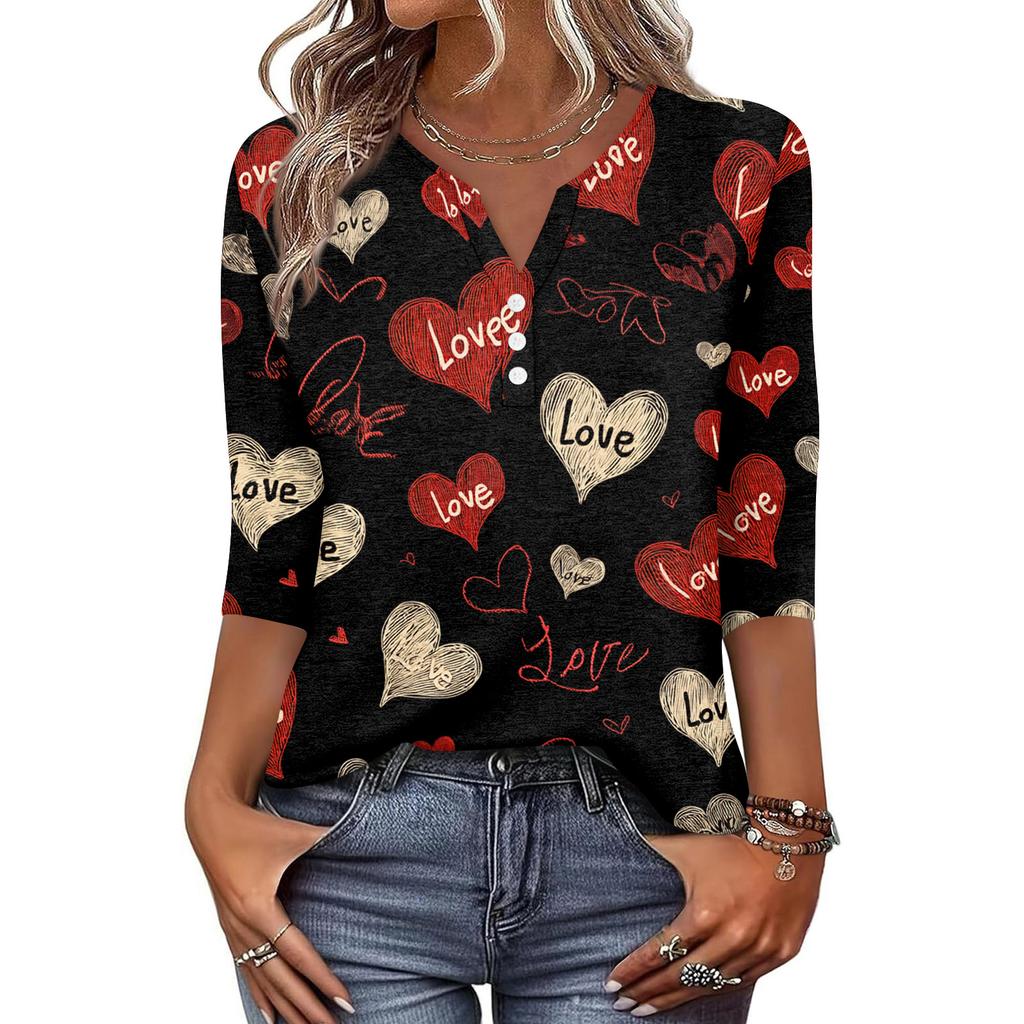 Camiseta feminina estampada com botões, manga 3/4, moda diária, de fim de semana, básica, decote em V, top regular