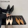 Fashion SUOJAILUN 2024 Sping New Brand Women Mules Shoes Fashion Pointed Toe Shallow Slip On Slipper Shoes Thin Low Heel Dress Sandal