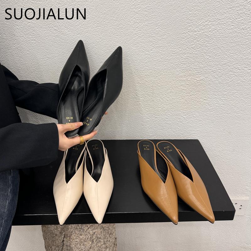 Fashion SUOJAILUN 2024 Sping New Brand Women Mules Shoes Fashion Pointed Toe Shallow Slip On Slipper Shoes Thin Low Heel Dress Sandal