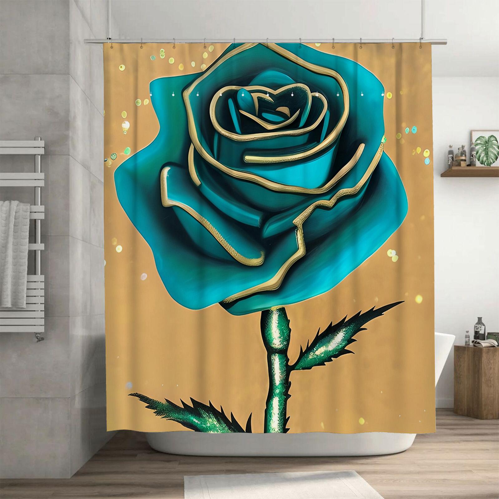 

Teal Rose Shower Curtain - Luxurious Gold-Trimmed Floral Design For A Waterproof And Unique Bathroom Dcor Set W60H190(CM)-1 Pcs
