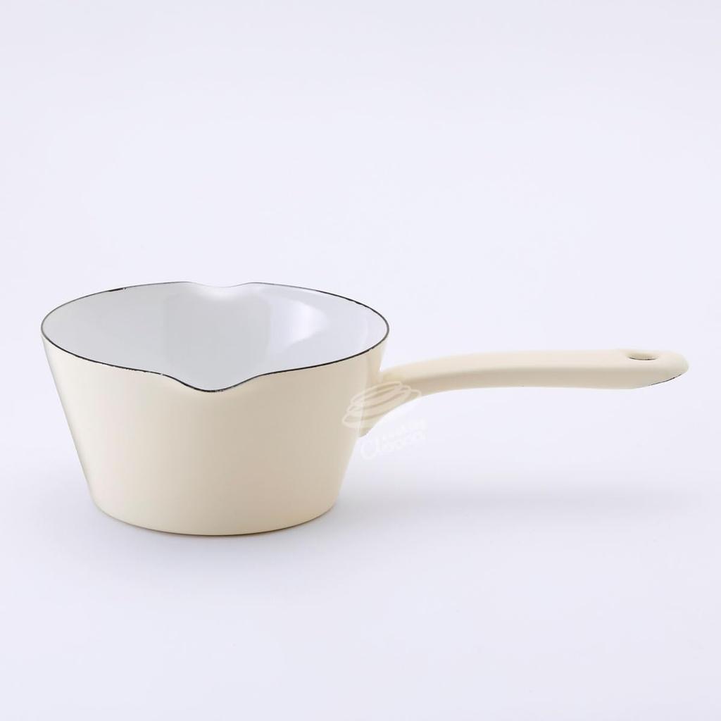 Fuji Enamel Double-Spout Milk Pan with Graduations, 14cm, 0.8L, Gas/Induction Compatible, Enamel Saucepan (Vanilla)
