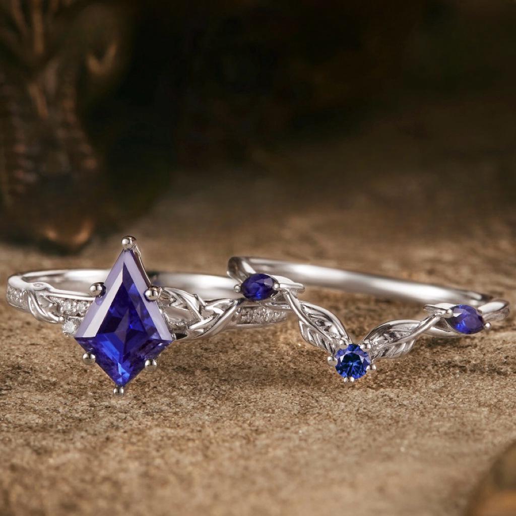 European & American Style Irregular Rhombus Blue Diamond Silver Ring for Women