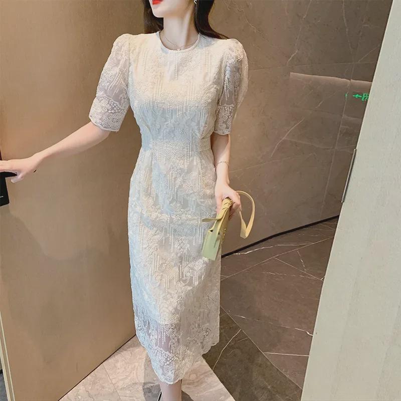2025 Summer Korean Puff Sleeve Midi Dress with French Lace