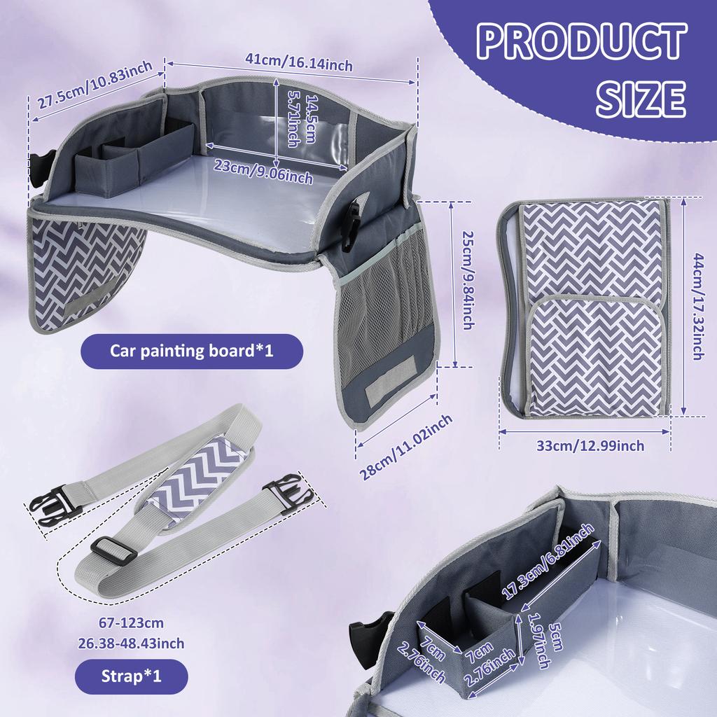 Kids Car Seat Tray Foldable Travel Children's Table Lap Tray Portable Waterproof Multiple Pockets for Dining Drawing