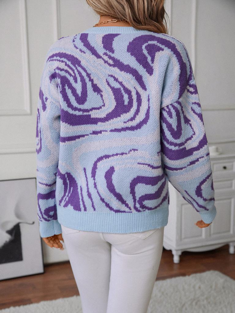 Women S Knitted Pullover Sweater Round Neck Loose Fit Colorful Pattern Spring