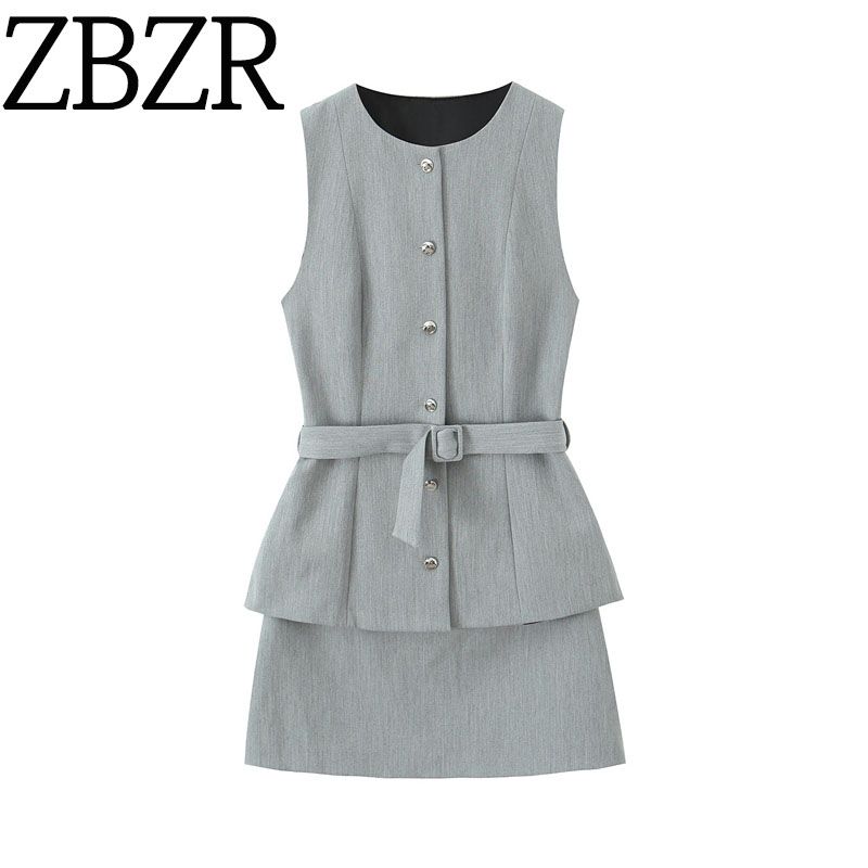 Zbzr Autumn New Women clothes Western Style With Belt Two-piece Set Effect Crepe Dress 8831543