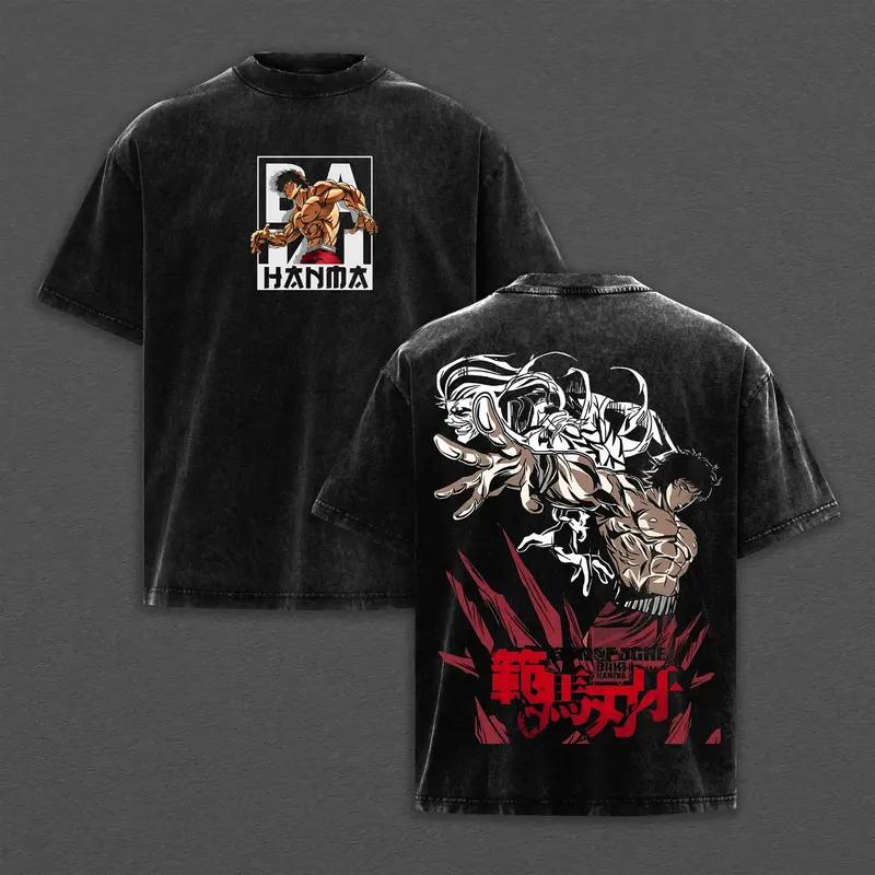 

Ханма Баки Баки Одежда Мужская Женская Футболка с коротким рукавом Манга Винтажная стираная футболка Повседневная хлопковая футболка Харадзюку Мужская футболка S