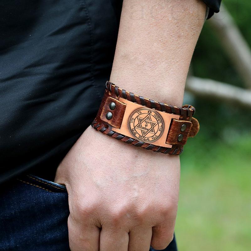 Trendy Totem Design Six-pointed Star Bracelet Men's Bracelet New Fashion Leather Woven Viking Accessorie Party Jewelry Wholesale