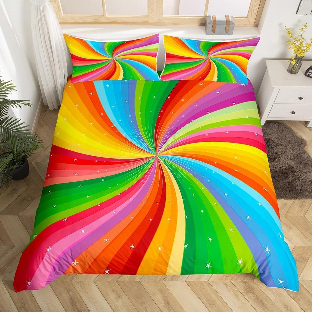 Colorful Swirl Bedding Set,Rainbow Stripes Duvet Cover Twin King Size Pride Theme Comforter Cover Abstract Art Bedspread Cover