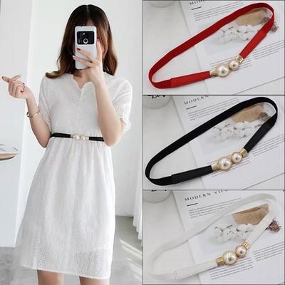 Women Double Pearl Belt Female Black Red White PU Leather Dress Skirt Waist Elastic Thin Belts Ladies Designer Waistband