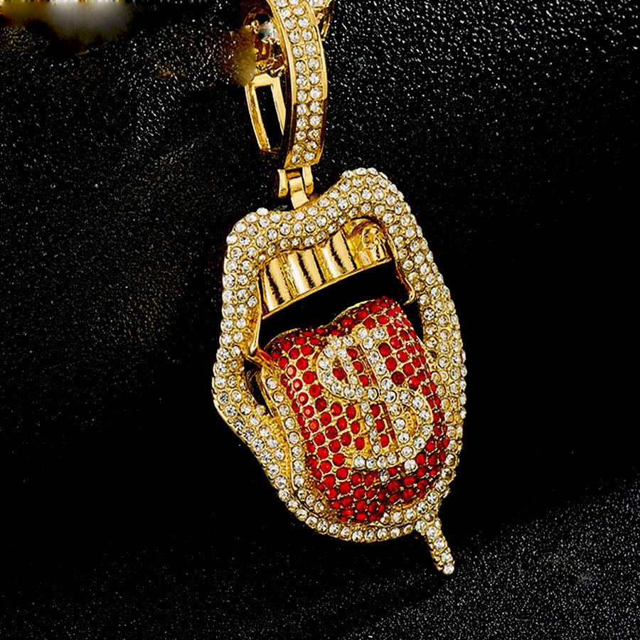 Big Mouth Tongue Out US Dollar Personalized Hip Hop Pendant Full of Diamonds Trendy Necklace for Men and Women Cuban Necklace