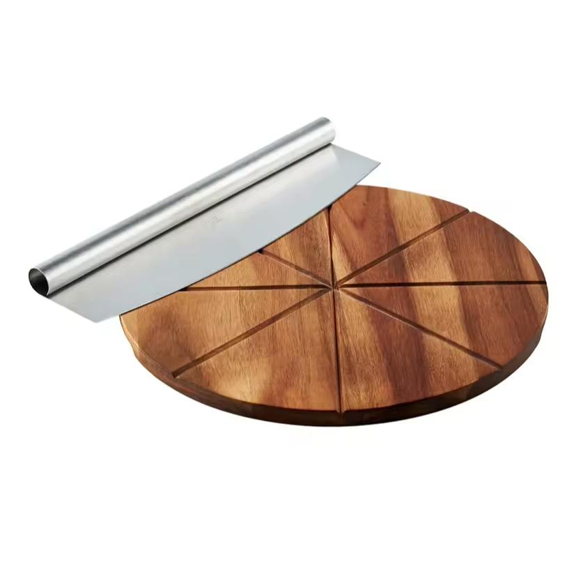 Pies Cake Cheese Round Serving 13.5" Acacia Wooden Board Stainless Steel Slicer Grill Pizza Knife Slicer Cutter Gift Set